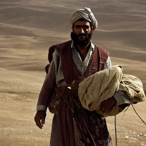 Image similar to Kurdish shepherd wearing Kurdish clothes in a movie directed by Christopher Nolan, movie still frame, promotional image, imax 70 mm footage