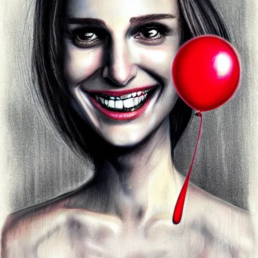 Image similar to surrealism grunge cartoon portrait sketch of natalie portman with a wide smile and a red balloon by - michael karcz, loony toons style, freddy krueger style, horror theme, detailed, elegant, intricate