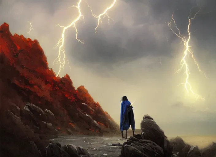 Prompt: a man with a long wavy black hair wearing a long blue coat and holding a spear stands with his back to the viewer on bare rocky ground looking up at an immense approaching lightning storm. roiling dramatic threatening dangerous looming clouds in shades of red and orange and blue and grey and black. fantasy art by greg rutkowski and michael whelan