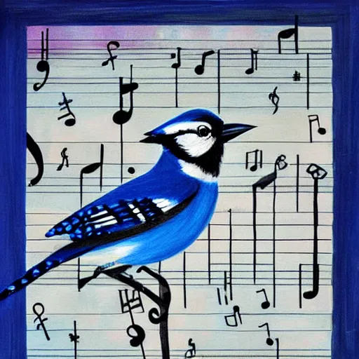 Prompt: painting of a bluejay surrounded by music notes