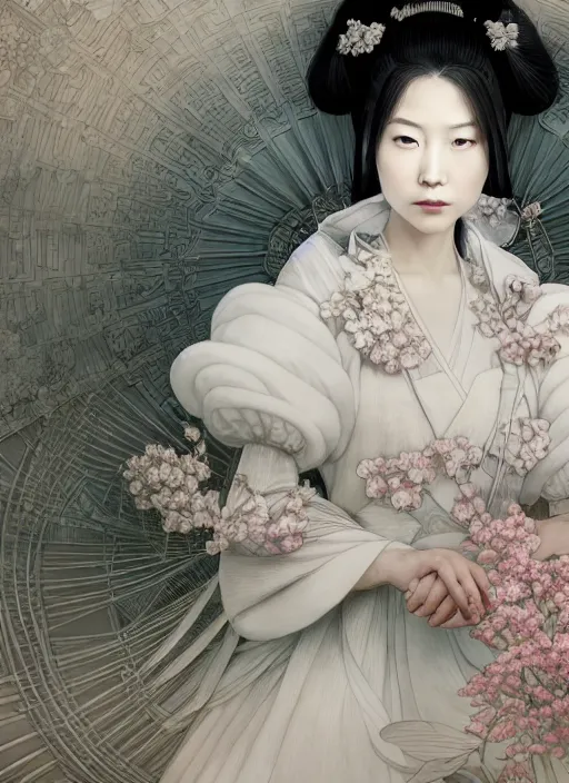 Prompt: portrait of a beautiful japanese princess with white hair dressed as a french maid, elegant, highly detailed, digital painting, an ultrafine detailed illustration by james jean, intricate linework, octane render, by ruan jia and zeen chin and alphonse mucha, unreal engine 5 highly rendered, ethereal, ominous, detailed and intricate environment