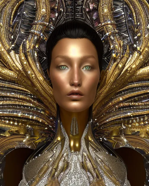 Image similar to a highly detailed metahuman 4 k close up render of an alien goddess bella hadid monument in iris van herpen dress schiaparelli in diamonds crystals swarovski and jewelry iridescent in style of alphonse mucha gustav klimt trending on artstation made in unreal engine 4