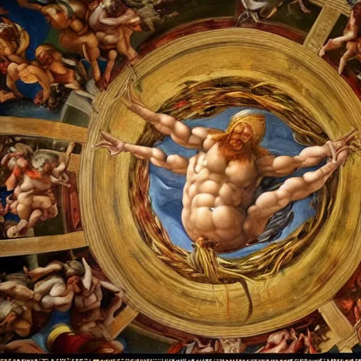 Image similar to realistic biblical painting of the flying spaghetti monster, on the ceiling of the sistine chapel, painted by michaelangelo