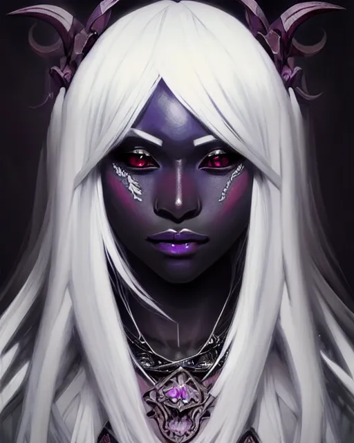 Image similar to portrait of an anime female drow necromancer, hd, illustration, epic, d & d, fantasy, intricate, elegant, highly detailed, digital painting, artstation, concept art, smooth, sharp focus, illustration, art by artgerm and greg rutkowski and alphonse mucha, monster hunter illustrations art book