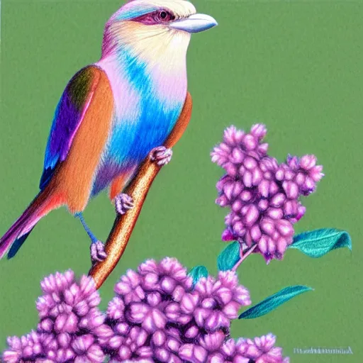 Image similar to a color pencil drawing of an lilac - breasted roller - eater by natalia rojas and ana maria martinez jaramillo, pastel color, wingspan, high quality, artstation, 4 k, realism, ultra realistic, fine art, white background, professionnal work