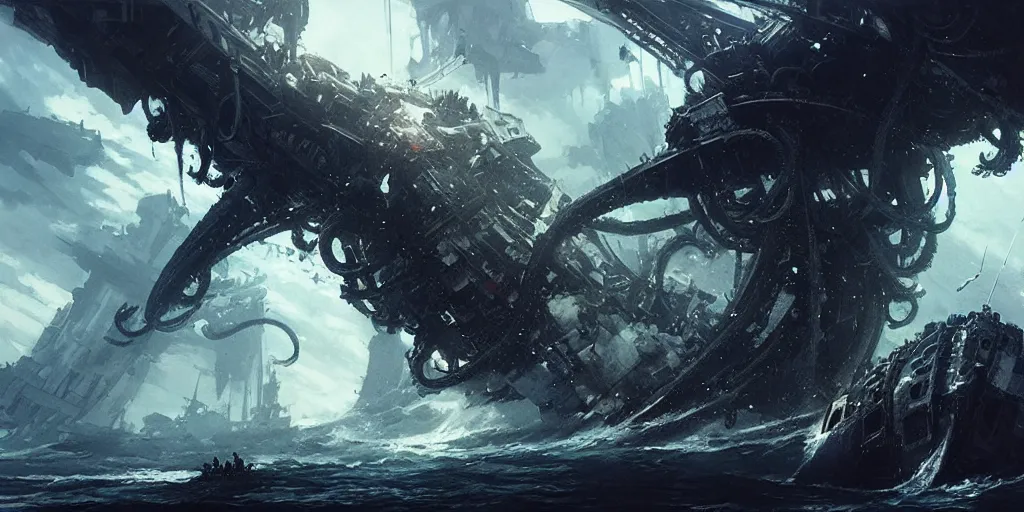 Image similar to ship being destroyed by a giant kraken sea monster, a lot of tentacles, chaos, view from above. In style of Yoji Shinkawa and Hyung-tae Kim, trending on ArtStation, Greg Rutkowski, dark fantasy, great composition, concept art, highly detailed, scenery.