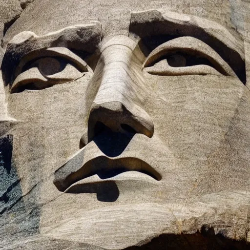 Image similar to donald trump's face carved into rock on mount rushmore. the photo clearly depicts the facial features of donald trump, at a slightly elevated level, depicting his particular hair style carved into the stone at the mountain top, centered, balances, regal, pensive, powerful, just