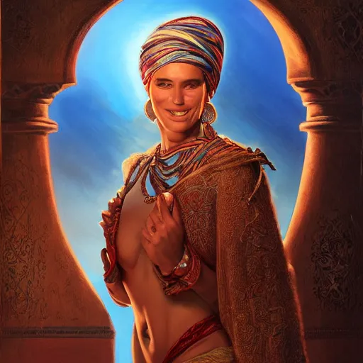 Image similar to portrait of a tunesian woman ( 3 5 ) from tunesia in 2 0 2 1, an oil painting by ross tran and thomas kincade