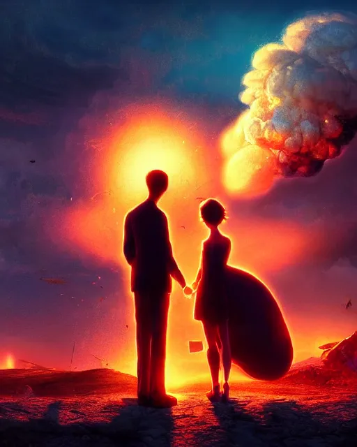 Prompt: couple watching atomic explosion, mushroom cloud, cinematic shot, epic composition, fine details, octane render, 8 k, vibrant colors, depth of field, concept art, oil painting, digital art, deviantart artstation, extremely detailed, very sharp,