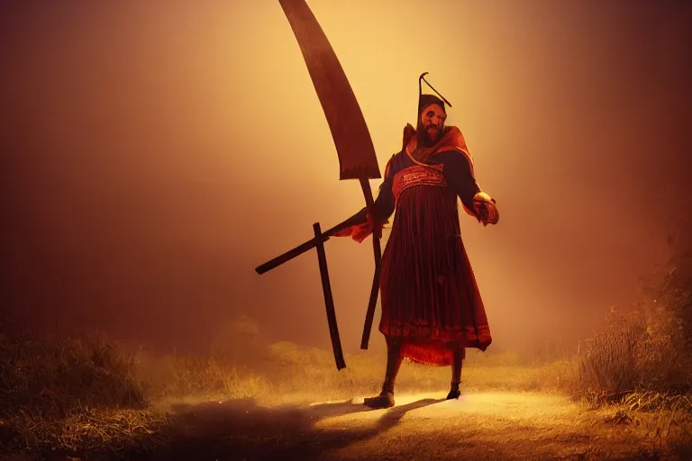 Image similar to concept art, festival on a stage, man with scythe, traditional romanian clothing, dramatic lighting, beautiful, volumetric lighting, colorful, octane render