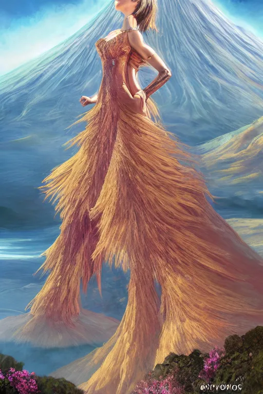 Image similar to a beautiful hyperrealistic ultradetailed 3D, one girl in a magnificent dress stands near a volcano, voge photo, fashion style, fullbody, in full growth, photorealistic, high resolution, trending on artstation, highly detailed, volumetric lighting,artstation, concept art, master illustration, elegant, details, good clear quality, volumetric lighting,