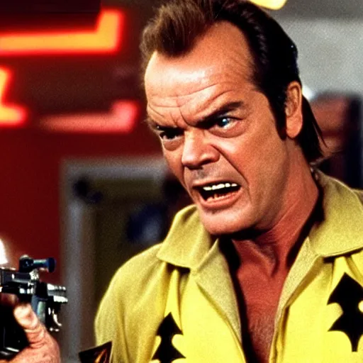 Prompt: Jack Nicholson plays Terminator, scene where he shoots Pikachu, yellow fur explodes