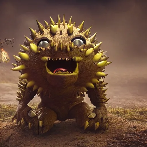 Image similar to cute monster, rubber spikes on the body, rubber skin spikes, spikes are from rubber, purple skin, skinny, gold armor, battleground background, battlefield, concept art, artstation, award winning, high detailed, 4k, 8k, hd textures, octane render, intricate details, volumetric lighting, realistic, hyperdetailed