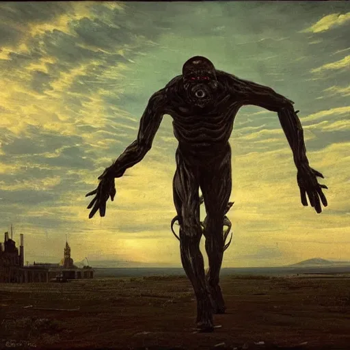 Prompt: POV shot of a mutant man grabbing you, hyper realistic, elegant, ornate, elite, horror, creepy, ominous, haunting, cinematic lighting, metal plate photograph, unreal engine, symmetrical, cinematic centered camera, high detail by Isaac Levitan, Frederic Church and Vasily Perov