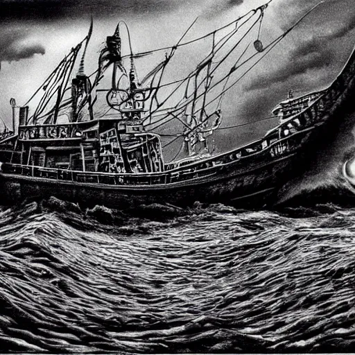 Image similar to a highly detailed hyperrealistic scene of a ship being attacked by giant squid tentacles, ultra realistic, jellyfish, squid attack, dark, voluminous clouds, thunder, stormy seas, pirate ship, dark, high contrast, yoji shinkawa, scary, m.c. Escher, highly detailed, brutal, beautiful, octopus arms attacking the ship from the storm, illusion, artgerm