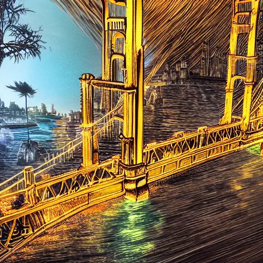 Image similar to glowing golden gate to the undertown, fantasy, ultra detailed