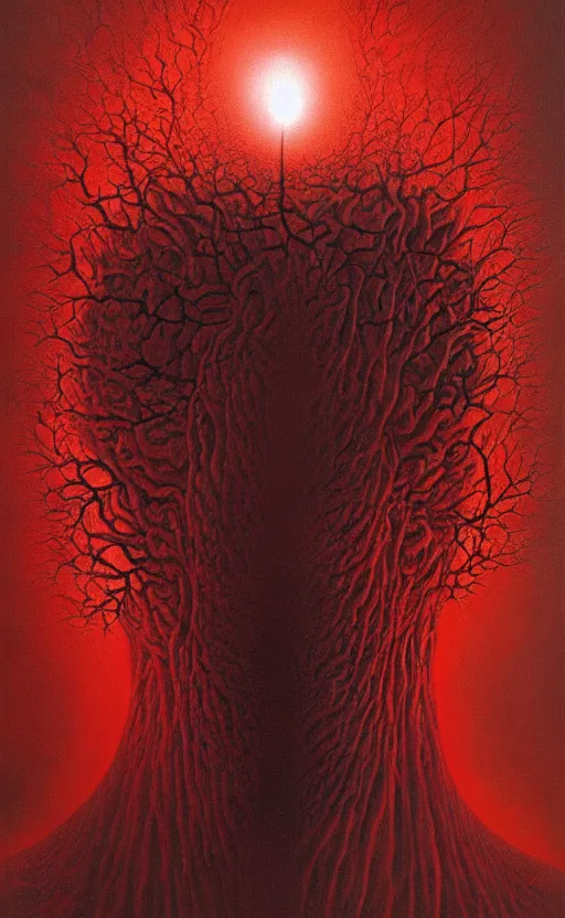 Image similar to black dramatic portrait painting of human with black mandelbrot fractal instead of face, in style of zdzisław beksinski, dark red, horror, body horror, scary,