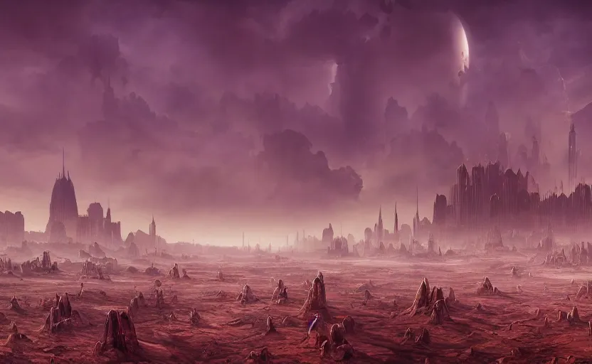 Image similar to matte painting of ant aliens in a desert, science fiction art, city in the skyline, two suns, gloomy, fog, elaborate, detailed digital art, trending in artstation, purple color lighting