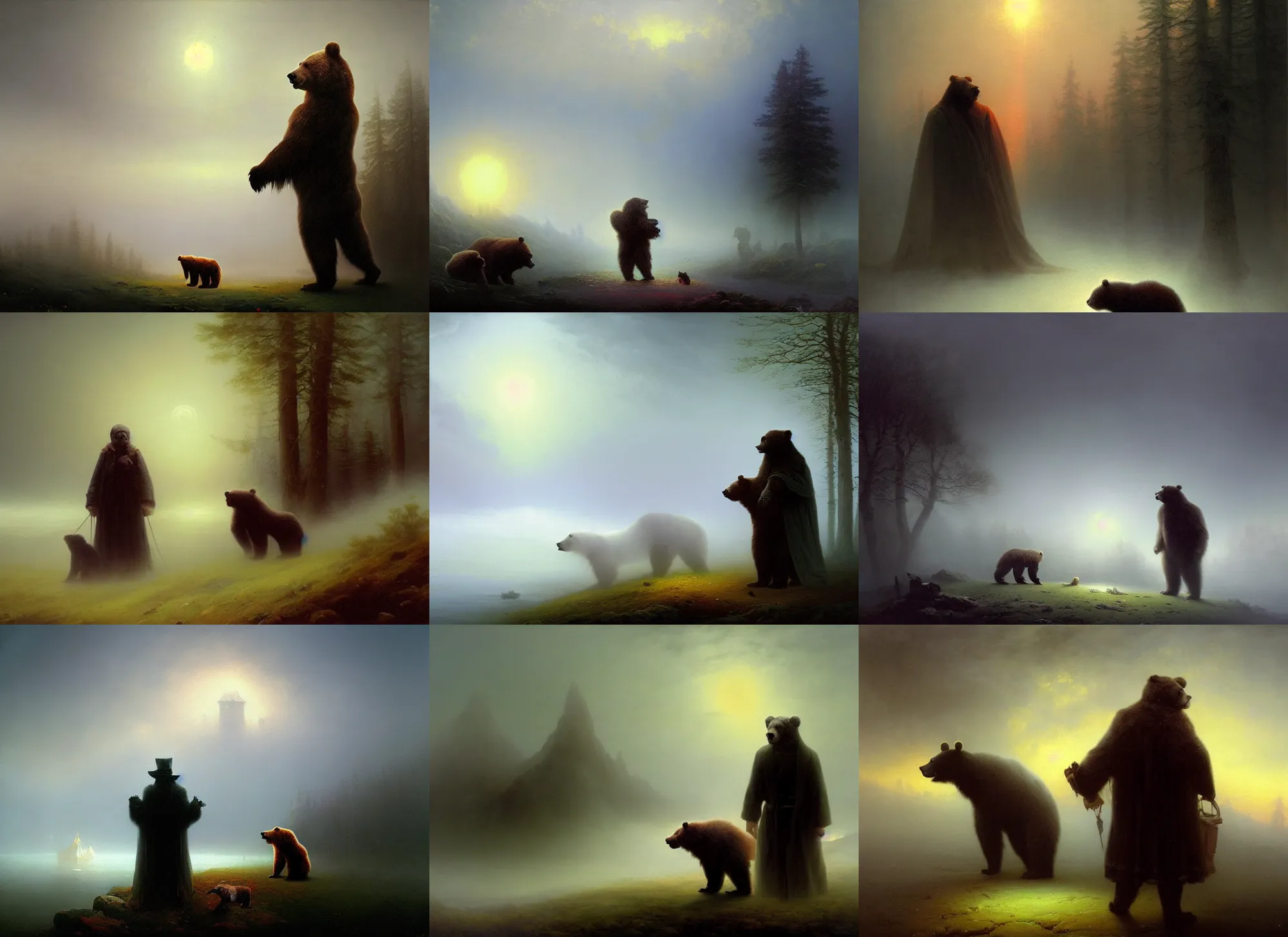 Prompt: russian necromancer with bear, mysterious, fog, high quality, hyperrealism, ivan aivazovsky