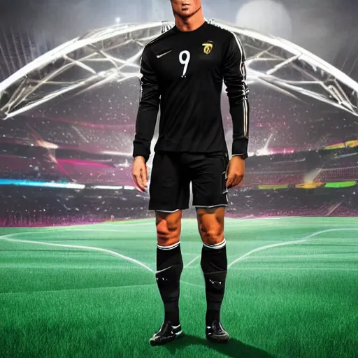 Image similar to cristiano ronaldo with futurist soccer outfit in a stadium with neon, night, cyberpunk, realistic, beautiful, fantasy