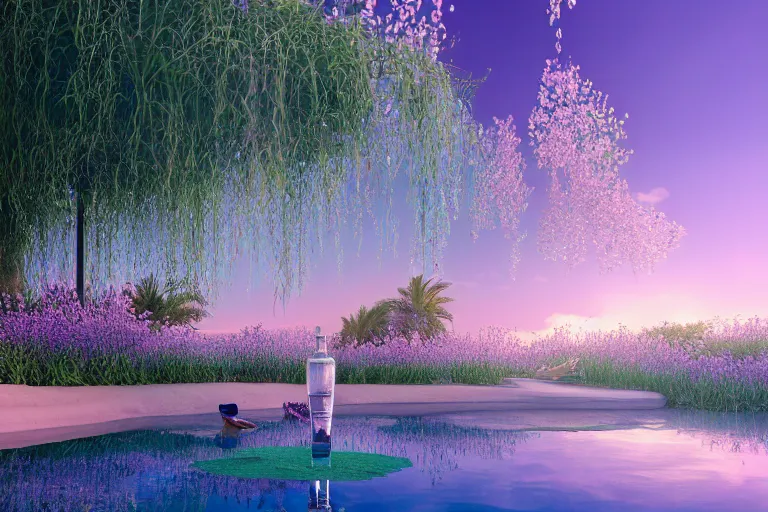 Image similar to perfume bottle standing on lilipads in a cool blue pond oasis, dramatic, mid day, sand dune background, soft lilac skies, large scale, hyperrealistic, lots of detail, realistic lighting, octane render, by wlop, artgerm, trending on artstation