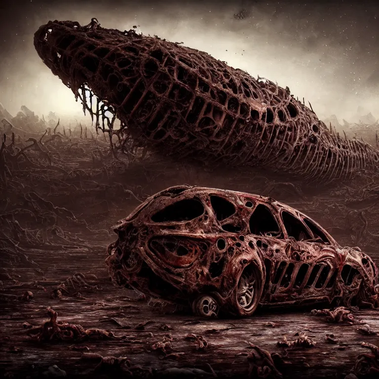 Image similar to ribbed abandoned biomechanical organic crashed car wreck on exoplanet at night, in a desolate empty wasteland, covered with organic flesh, meat, creepy, nightmare, dream-like heavy atmosphere, surreal abandoned buildings, baroque painting, beautiful detailed intricate insanely detailed octane render trending on Artstation, 8K artistic photography, photorealistic, chiaroscuro, cinematic volumetric light, Raphael, Caravaggio, Beksinski, Giger