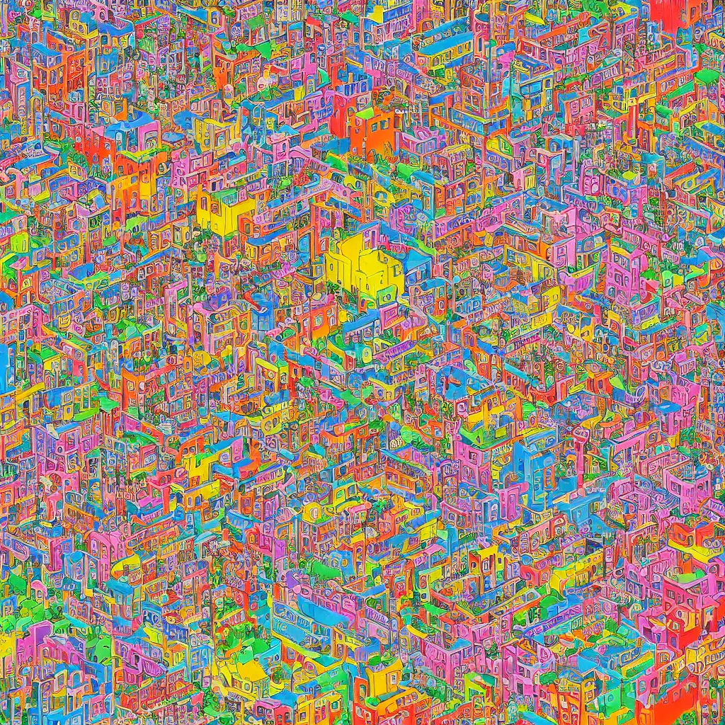 Prompt: a Where's Waldo puzzle of a chinese prison by lisa frank, beautiful, bold colors, detailed