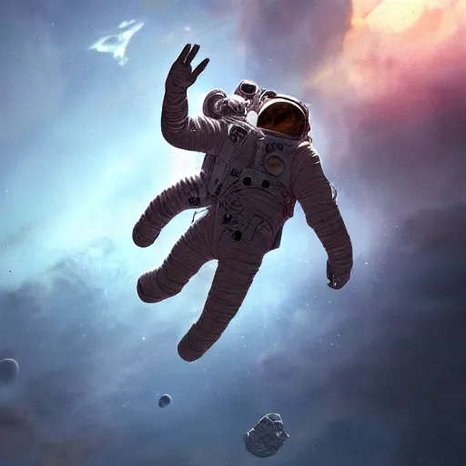 Image similar to astronaut falling through the clouds in jupiter, by cedric peyravernay, highly detailed, excellent composition, cinematic concept art, dramatic lighting, trending on artstation