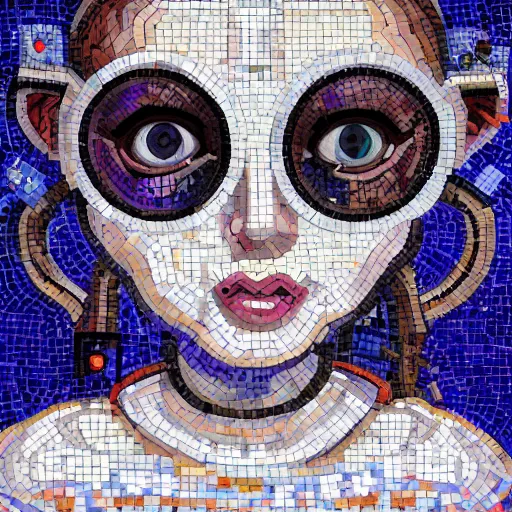 Image similar to portrait mosaic of a beautiful cute girl with robot ears and eyes by Emma Biggs, 4k, intricate details, digital, between heaven and hell