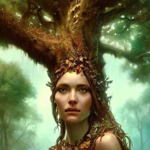 Image similar to a beautiful portrait of a tree goddess by Greg Rutkowski and Raymond Swanland, Trending on Artstation, ultra realistic digital art