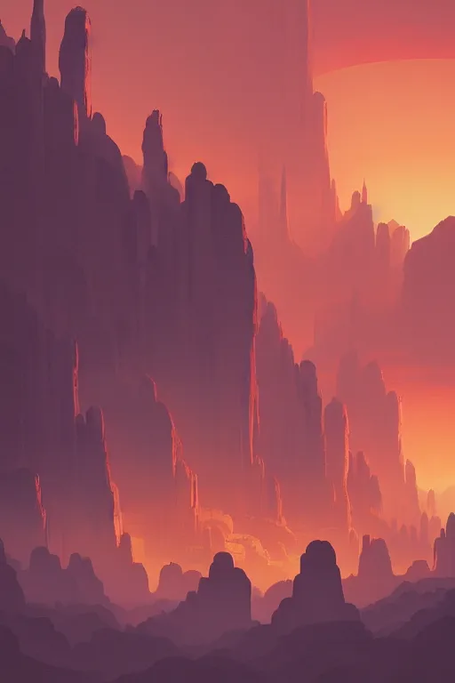 Image similar to ancient temples glowing orange in canyon, monks, geometric lines in the sky, floating planets, dramatic lighting, artstation, matte painting, ralph mcquarrie, simon stalenhag