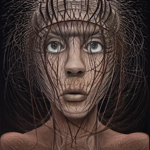 Image similar to she is looking at you wildly by jacek yerka, alex gray, zdzisław beksiński, dariusz zawadzki, jeffrey smith and h.r. giger, oil on canvas, 8k highly professionally detailed, trending on artstation