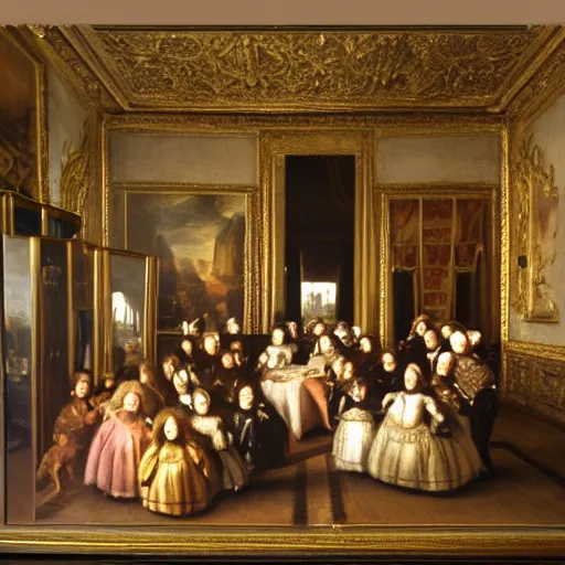 Image similar to super quality family portrait in the main room of the castle painted in 1 6 5 6, dark room, one point of light coming through the window inspired by las meninas, clear spaces between each subject and good detail and realistic eyes, faces for each person in the canva, inspired by diego velasquez baroque style