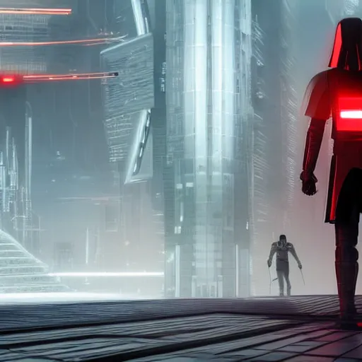 Image similar to photo of Darth Revan walking in a futuristic city in a dystopian future made of electronic components and looks like a giant pcb board. Very detailed 8k. Unreal engine 5 render with nanite, global illumination and path tracing. Cinematic post processing. Emphasize on the colors black and red.