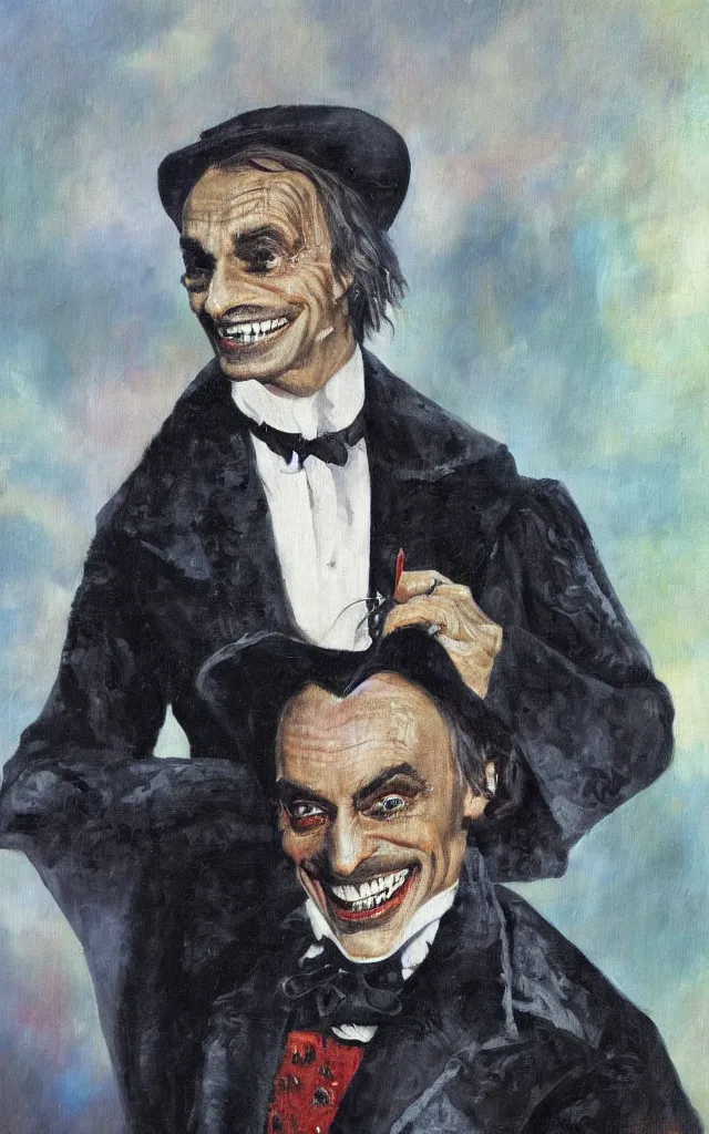 Image similar to portrait of conrad veidt the man who laughs wide grin, award winning oil painting, sharp color palette