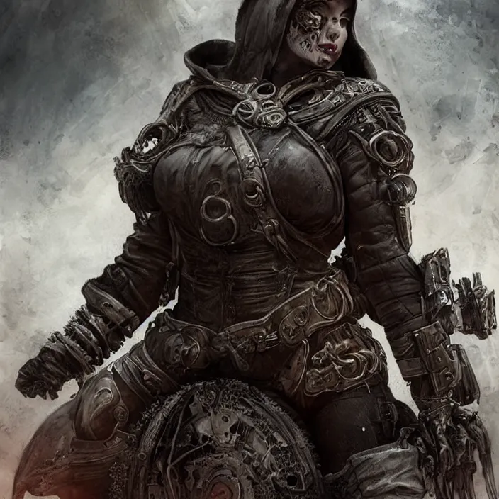 Image similar to beautiful apocalyptic woman in hooded cloak, standing on mad max panzer tank, hyper-detailed, smooth, sharp focus, 4k ultra hd, fantasy dark art, tank girl, artgerm, artstation, octane render, elegant, detailed digital painting, apocalyptic art, Francis bacon, gears of war, unreal engine