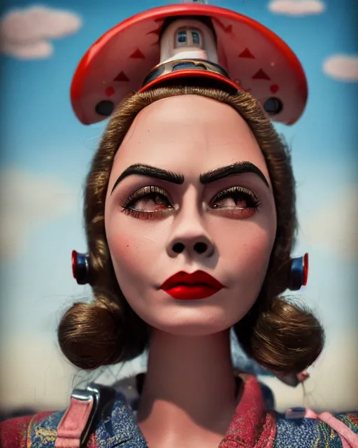 Prompt: closeup face profile portrait of a tin toy retro 1 9 5 0 s cara delevingne at a rocket launch, bikini, depth of field, zeiss lens, fashion photoshoot by nicoletta ceccoli, mark ryden, lostfish, breathtaking, detailed and intricate environment, 8 k resolution, extremely detailed, beautiful, establishing shot, artistic, hyperrealistic, octane render