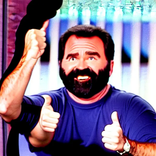 Prompt: Billy Mays hosting Jeopardy, VHS tape footage, 1991, the set of Jeopardy, The game shoe Jeopardy!!