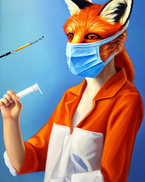 Image similar to oil painting portrait of anthropomorphic female fox animal dressed in labcoat, surgical mask covering mouth, with syringe, fox animal, hospital in background, oil painting,