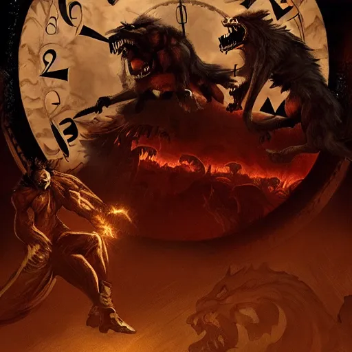 Image similar to a vampire fighting a werewolf at night in front of a giant clock face, spooky, exciting, cinematic, sharp, highly detailed digital art, trending on artstation, fantasy, occult, dramatic lighting, cinematic scene, frank frazetta, visually stunning