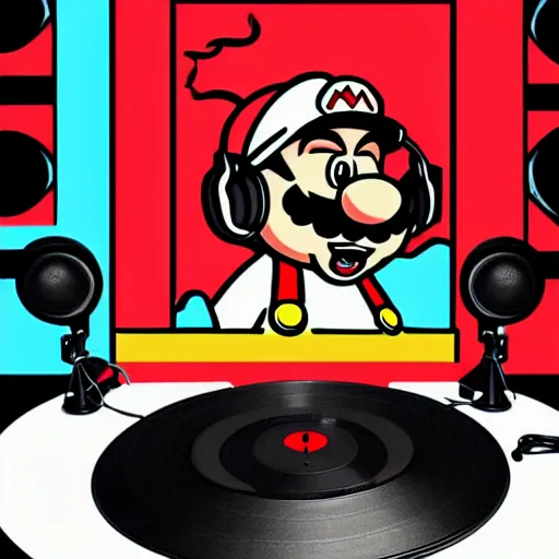 Image similar to svg sticker of a Pop-Wonder SuperMario, Mario-Wearing-a-red-hat, at a rave, spinning records, giant headphones rocking out, wearing headphones, huge speakers, dancing, rave, DJ, spinning records, digital art, amazing composition, rule-of-thirds, award-winning, trending on artstation, featured on deviantart