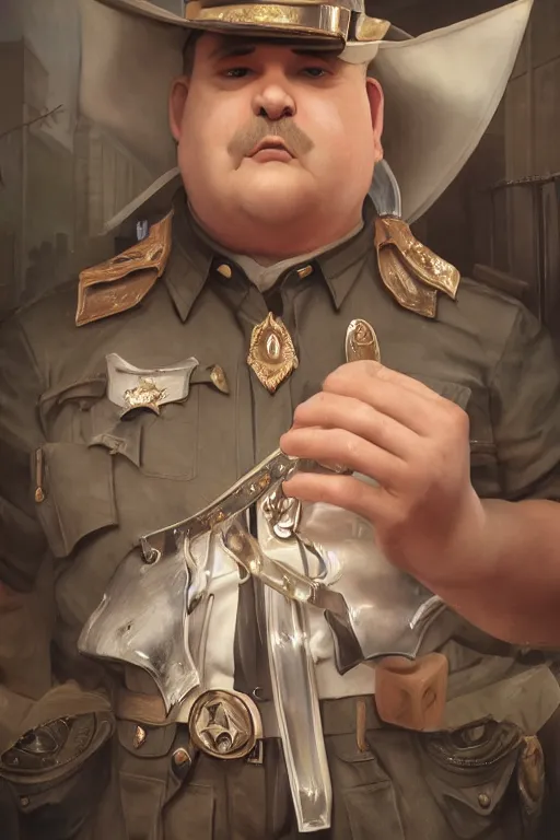 Prompt: a shifty fat high elf mall cop with a sheriff's badge with anatomically correct pointy elf ears, Oil Painting, hyperrealistic, octane render, Detailed Digital Art, RPG portrait, 3/4 bust, William-Adolphe Bouguereau, Michael Cheval, dynamic lighting, Highly Detailed, Cinematic Lighting, 8k, HD
