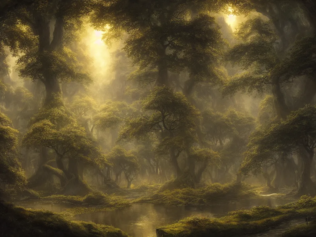 Image similar to Lothlórien in the evening, detailed matte painting, cinematic, Alan Lee, Artstation