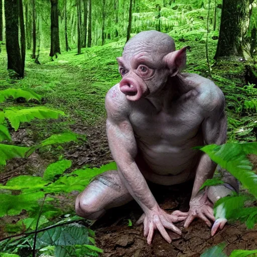 Image similar to gollum with body of a pig, rainy forest , trail cam