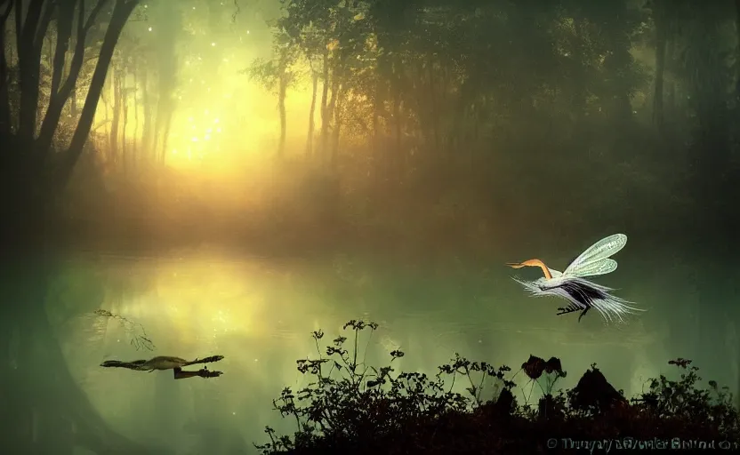 Image similar to a fairy riding a heron high over a misty nighttime lake, ambient lighting, light bloom, cool lighting, in the style of fantasy art and Over the Garden Wall!!