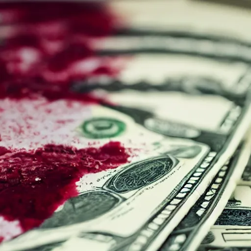 Image similar to money stained with wine on a white bed, photorealistic, detailed, dramatic