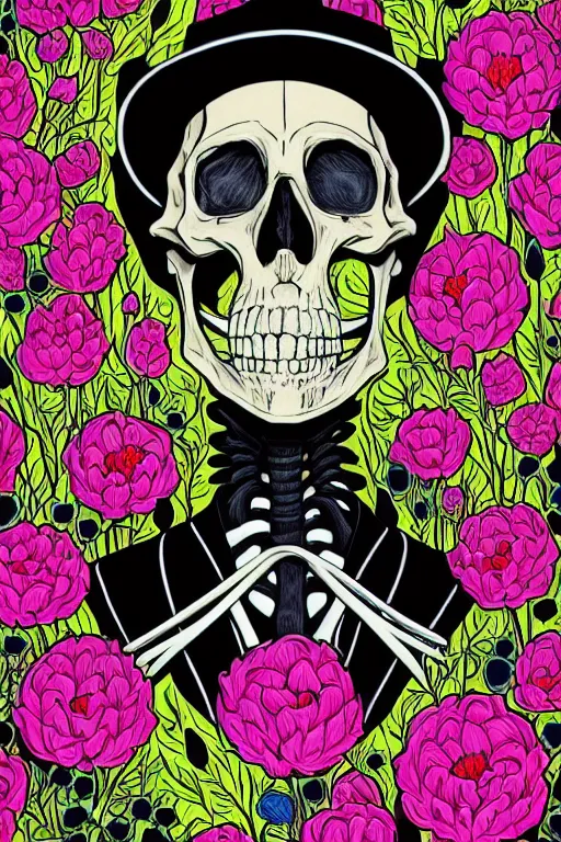 Image similar to portrait of a skeleton in a black suit and tie with flower shirt, vivid flower background by Jen Bartel and Dan Mumford and Satoshi Kon, gouache illustration