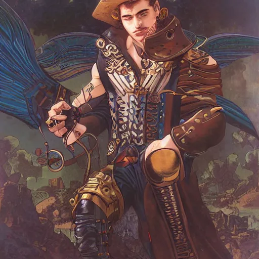 Prompt: a comic book portrait painting of a fantasy steampunk male, highly detailed, art by tristan eaton and artgerm and william - adolphe bouguereau