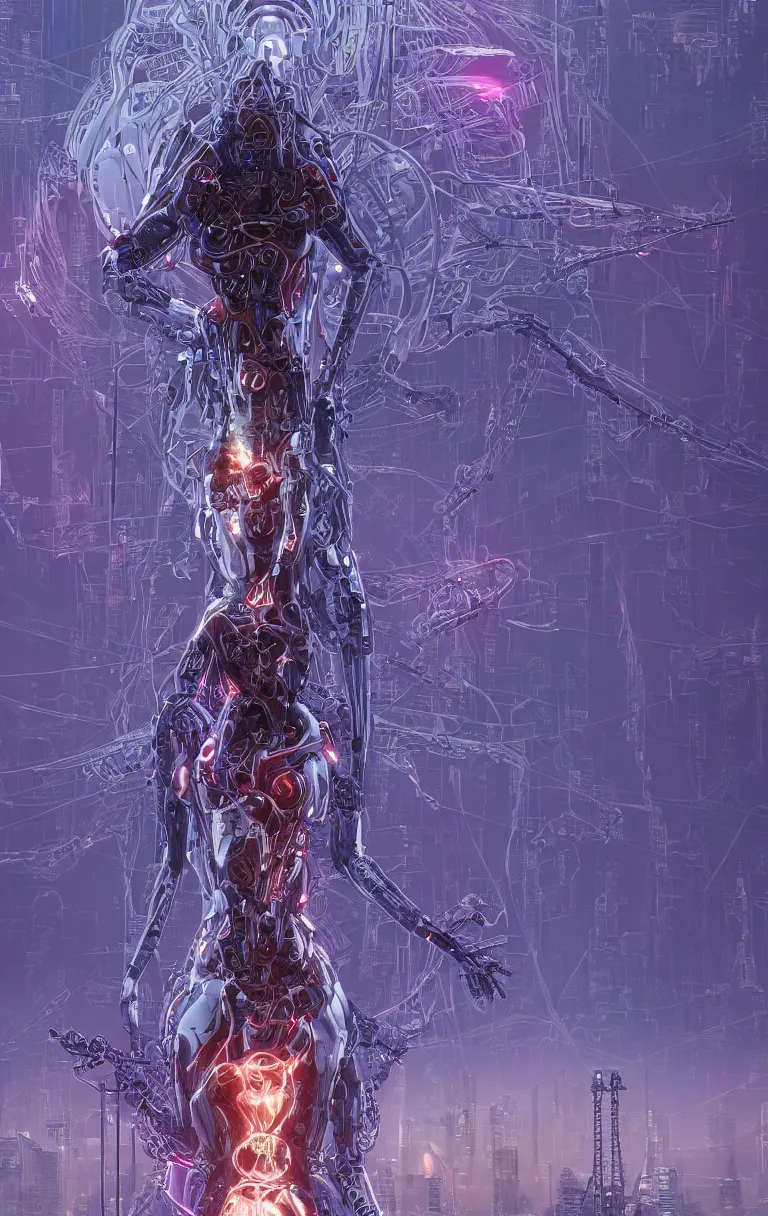 Image similar to award winning portrait of a crucified gargantuan female biomorphic cyborg goddess queen in the style of death stranding, neon genesis evangelion, with intricate energy core connecting to a futuristic downtown city, mightnight by artgerm, jean moebius giraud, yoshitaka amano, beeple, greg rutkowski. octane render.