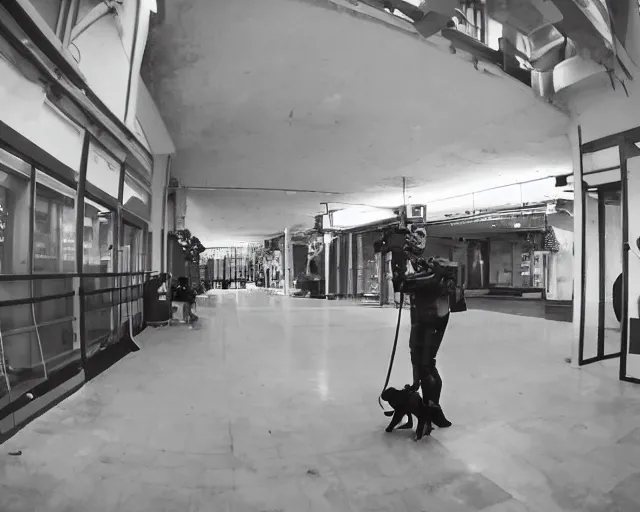 Prompt: camera footage of a Dog Robot hunting people in an abandoned shopping mall, high exposure, dark, monochrome, camera, grainy, CCTV, security camera footage, timestamp, zoomed in, fish-eye lense, Robot, Drone, Intense, Darpa,